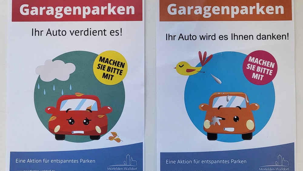 Mit kleinen Comic-Motiven wird fürs Parken in der eigenen Garage geworben