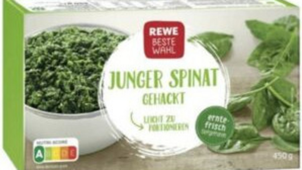 Der Hersteller ruft  «REWE Beste Wahl, Junger Spinat Gehackt» in der 450 Gramm Packung zurück: Es könnten Metallspäne hinein geraten sein.