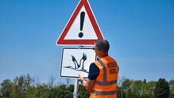 Achtung tieffliegende Tiere! Schilder in Wabern warnen vor Störchen