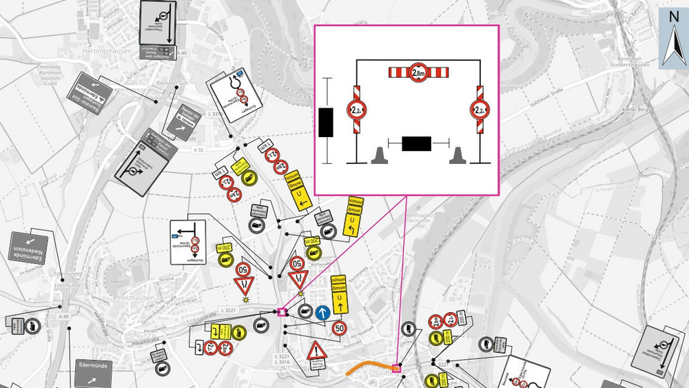 Viele Schilder und Brummi-Sperren. So soll der Schwerlastverkehr künftig aus Grife ferngehalten werden.