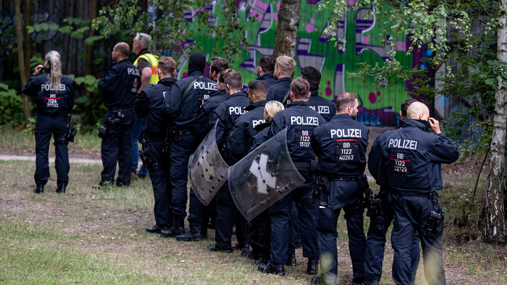 Polizisten laufen auf der Suche nach der vermeintlichen Löwin im Bereich der südlichen Landesgrenze von Berlin.