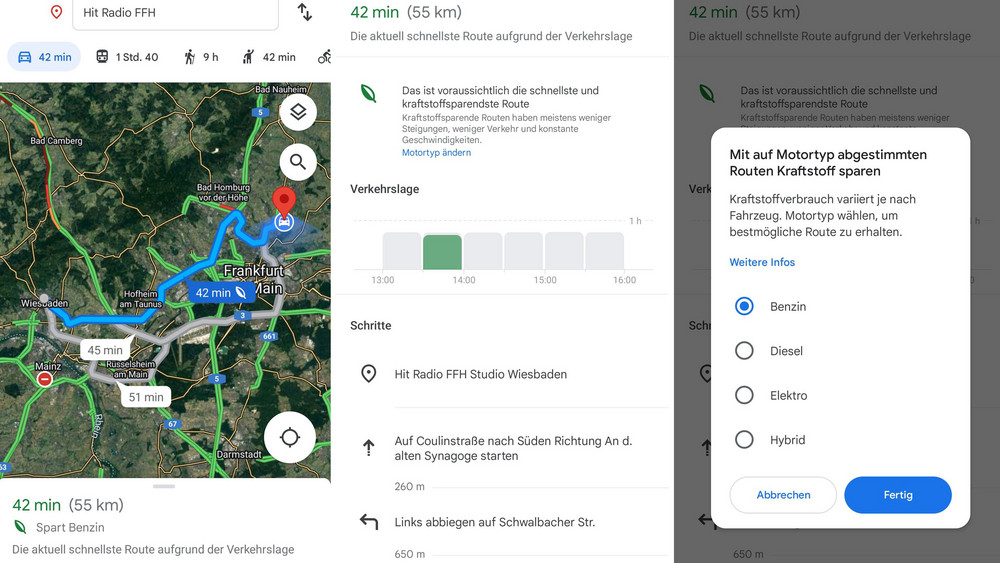 Screenshot der Google Maps App mit Eco-Route