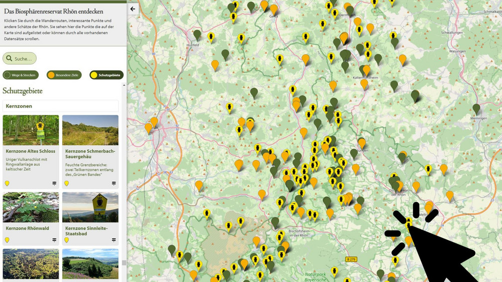 Die verschiedenen Markierungen auf der Karte zeigen beispielsweise Wanderwege, Loipen, Naturschutzgebiete und besondere Ausflugsziele. 