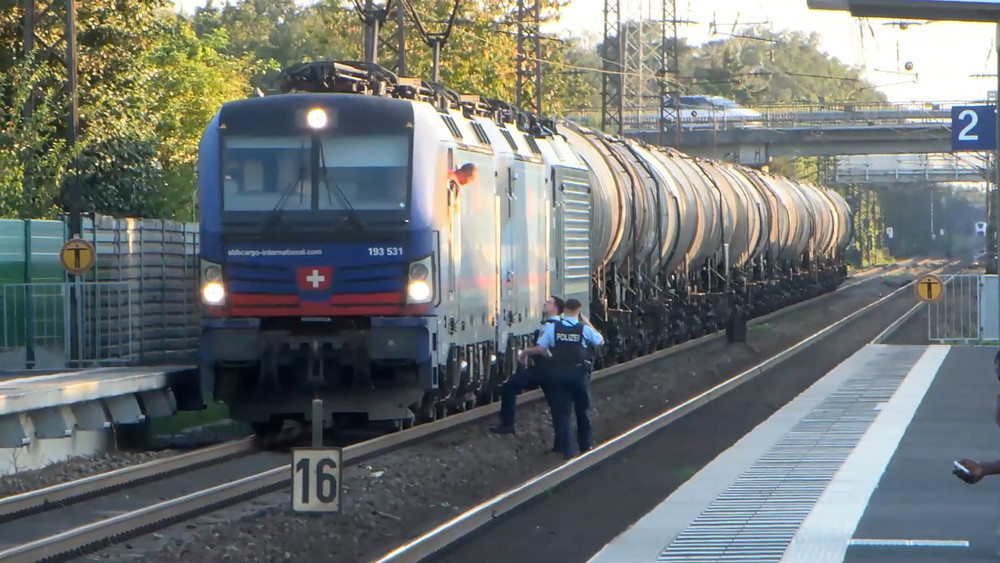 Dieser Güterzug überfuhr auf der Strecke die Äste. Er hielt dann im Bahnhof von Oftersheim im Rhein-Neckar-Kreis. 