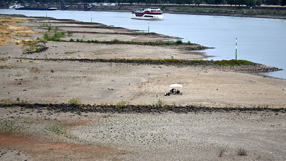 Ein Schiff fährt bei niedrigem Wasserstand auf dem Rhein an trocken gefallenen Buhnen vorbei. Durch langanhaltende Trockenheit ist der Pegel des Rheins sehr niedrig. Auf der vielbefahrenen Wasserstraße wird ein historischer Tiefstand erwartet.