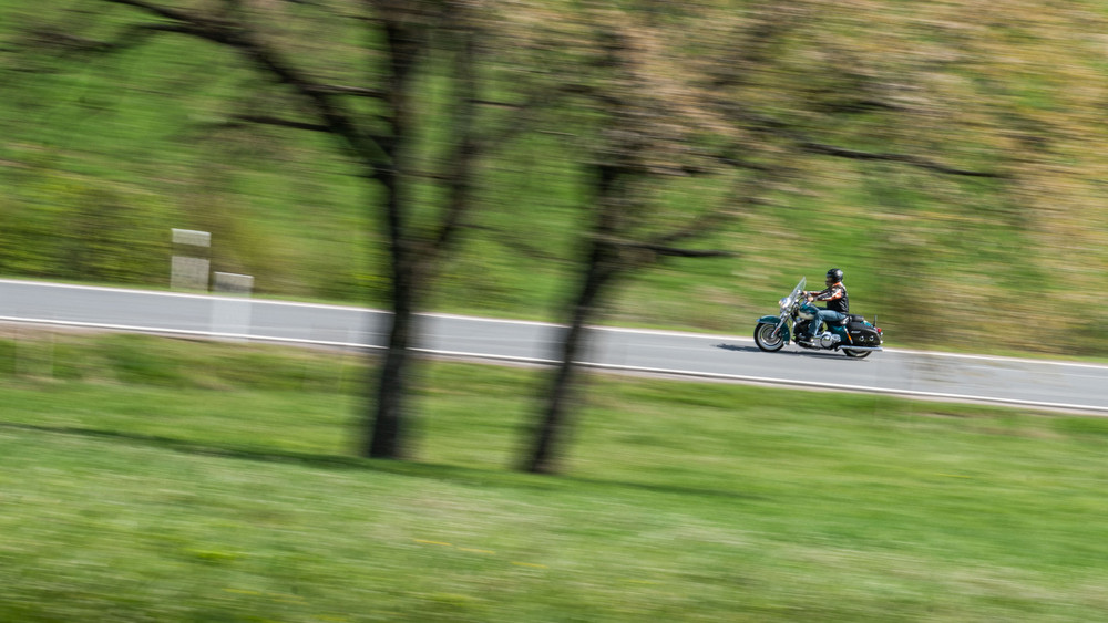 Ein Motorradfahrer fährt mit seiner schweren amerikanischen Maschine zwischen grünen Wiesen im Sonnenschein einen Berg im Odenwald hinauf.