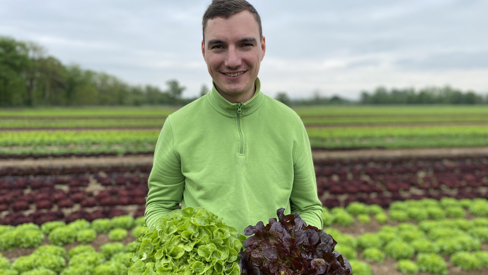 Gemüsegärtner-Meister Matthias Höhl aus Griesheim hält auf einem Salat-Acker zwei Salatköpfe in der Hand.