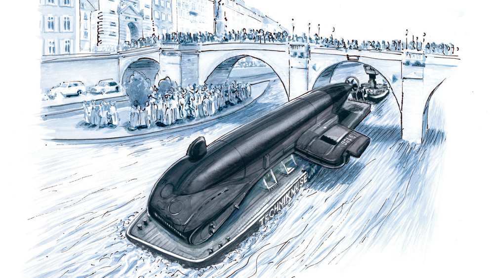 Die Visualisierung zeigt, wie das U-Boot unter der "Alten Brücke" in Heidelberg hindurch fahren soll - und zwar auf der Seite liegend.