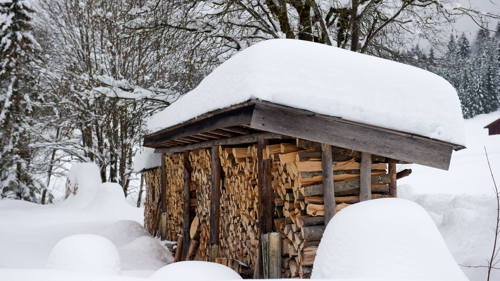 Kaminholz günstig kaufen: Gelagertes Holz im Schnee