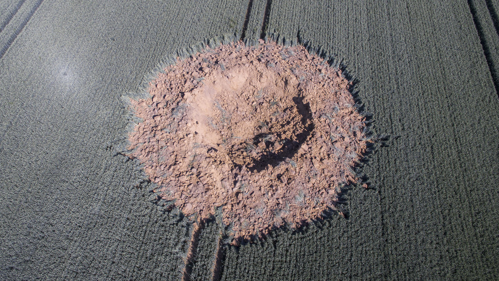 Krater nach der Explosion einer Bombe in einem Feld bei Limburg