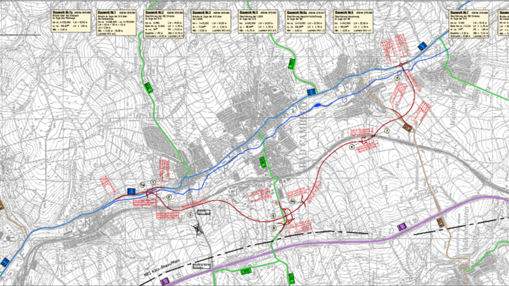 Die rote Linie zeigt die Trassenführung der geplanten Ortsumgehung. Die Fertigstellung wird sich aber um Jahre verzögern, teilt Hessen Mobil mit. 