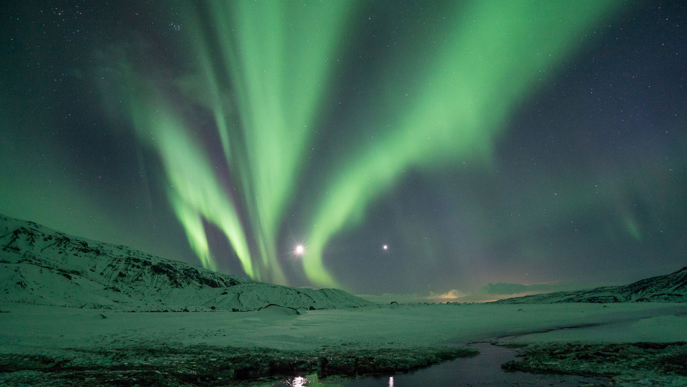 Grüne Nordlichter erscheinen über einer Schneelandschaft