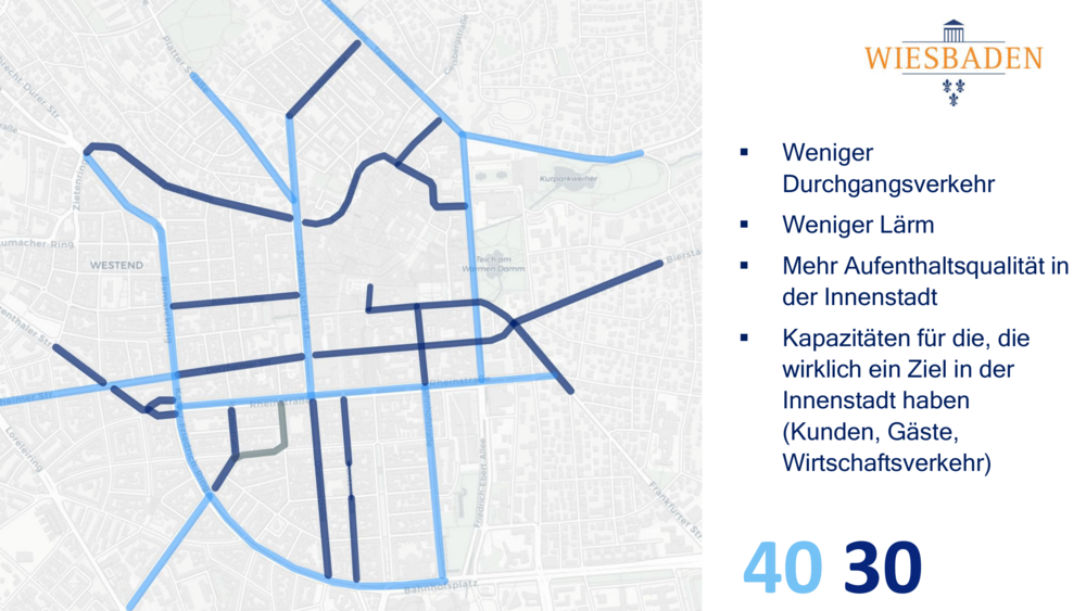 Weniger Tempo in der Innenstadt: Auf den hellblau markierten Straßen soll Tempo 40 gelten – auf den dunkelblauen Tempo 30.