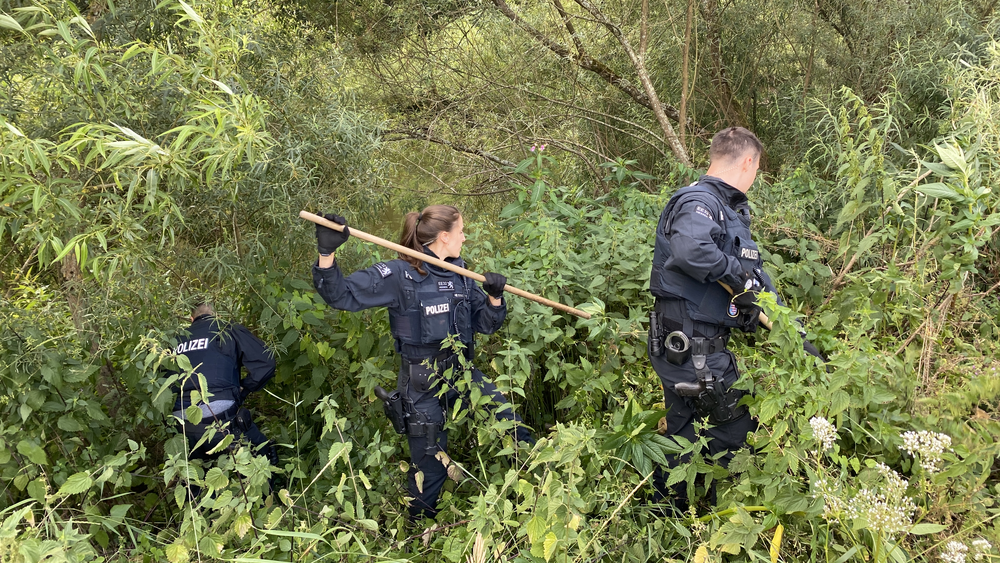 Polizeikräfte durchsuchen eine Grünfläche